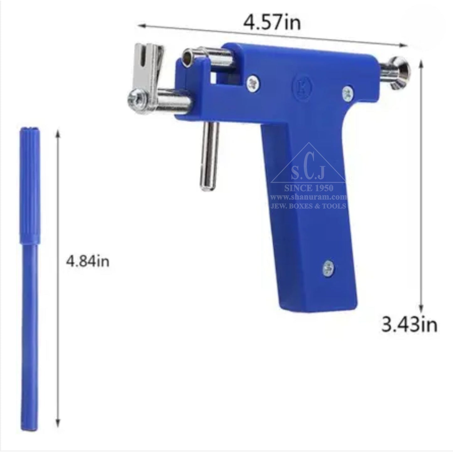Blue tool with measurements on a white background