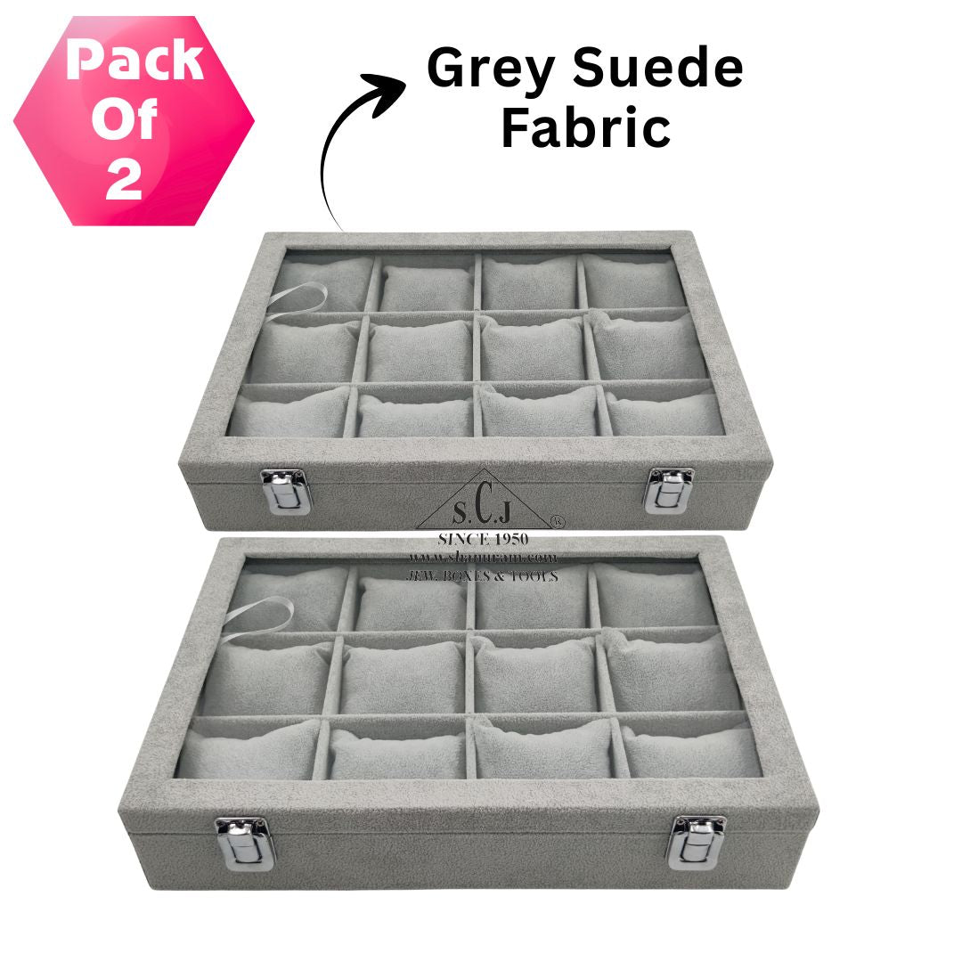 Pack of 2 – 12-Grid Bracelet Display Boxes | Grey Suede Jewellery Organizer with Cushions & Transparent Lid | Premium Stock Box for Retail & Personal Use