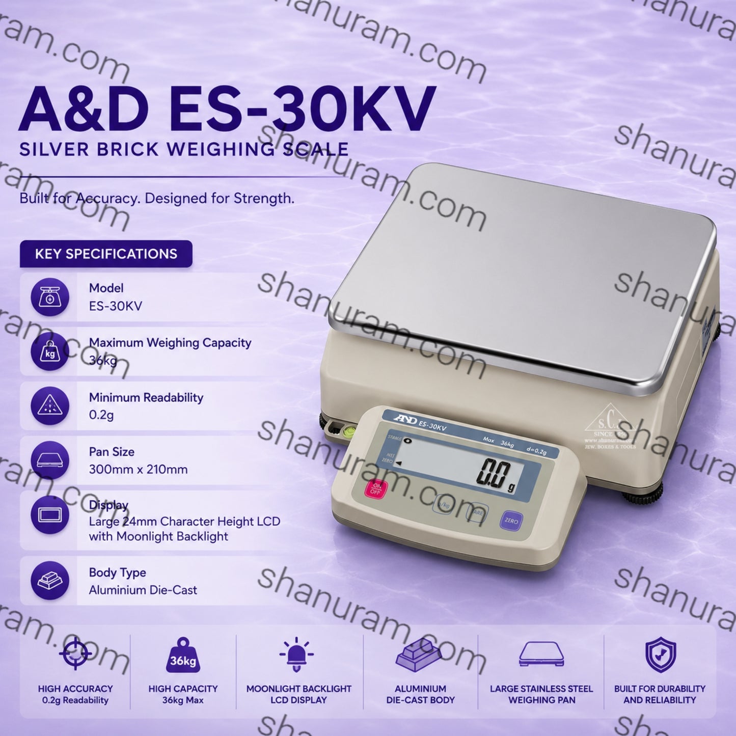 A&D ES-30KV Silver Brick Weighing Scale – 36kg Capacity, 0.2g Accuracy, Moonlight LCD, RS-232 Interface