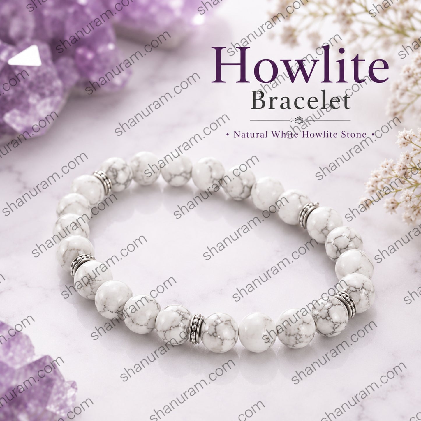 Natural Howlite Bracelet – White Howlite Stone Beaded Healing Bracelet for Calmness, Stress Relief & Emotional Balance