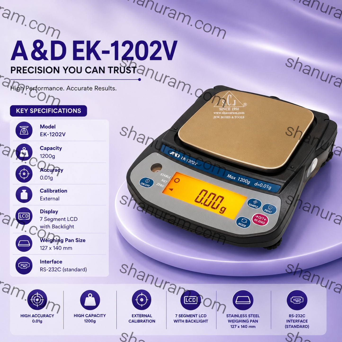 A&D EK-1202V Jewellery Weighing Machine – 1200g Capacity, 0.01g Accuracy, LCD Display