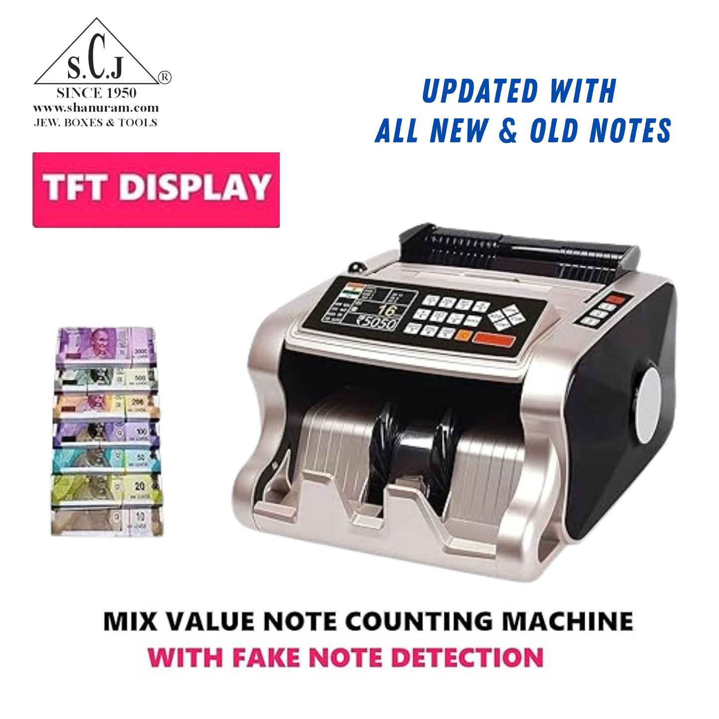 SCJ Heavy Duty Indian Currency Value Counter Machine with Fake Note Detection – Supports Mixed Denominations (₹10 to ₹2000) – Loose Cash Counting Machine