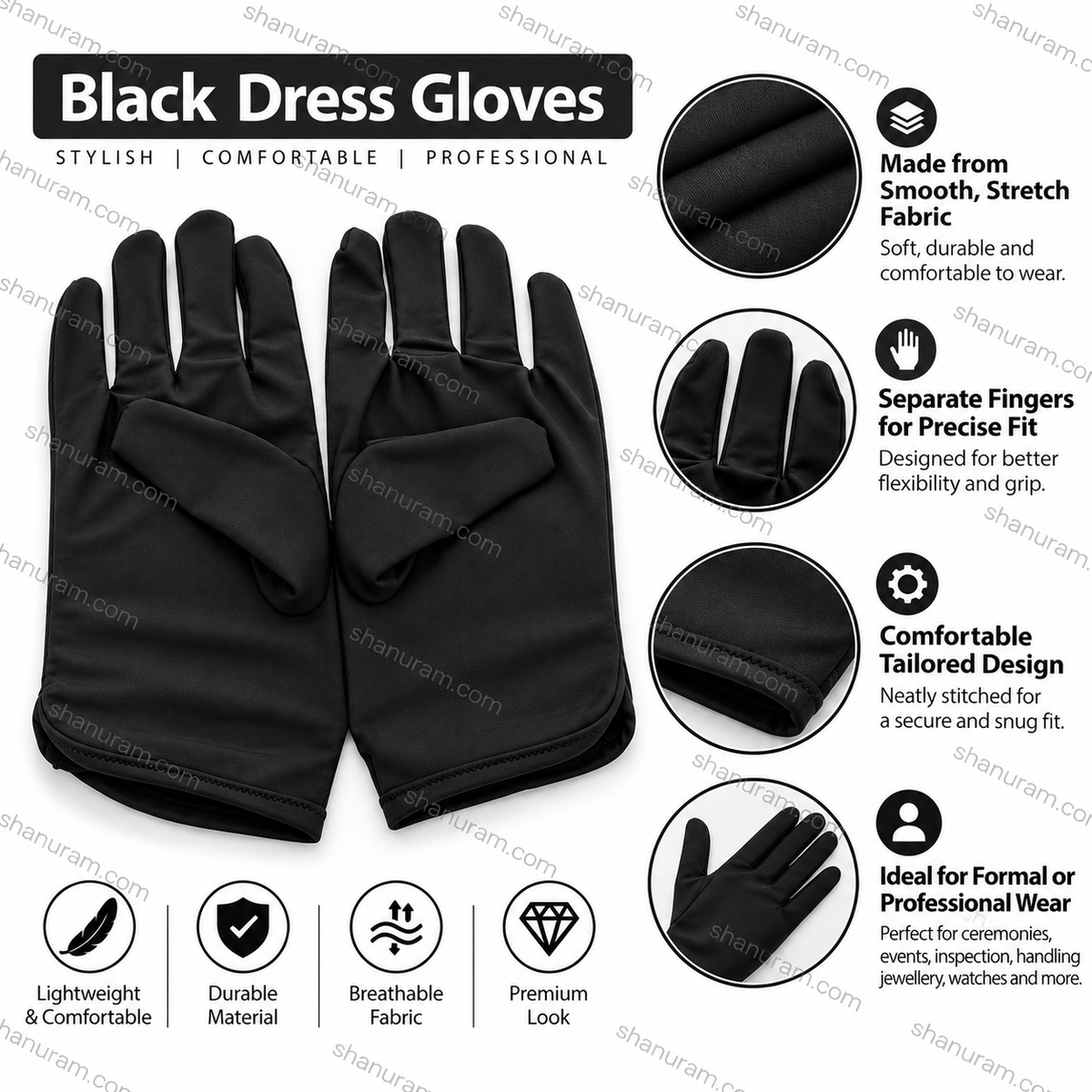 Black dress gloves shown on a white background with feature callout icons and text. The image includes circular close-up insets showing fabric texture and finger separation, plus marketing claims such as lightweight, durable, breathable fabric, and professional look.