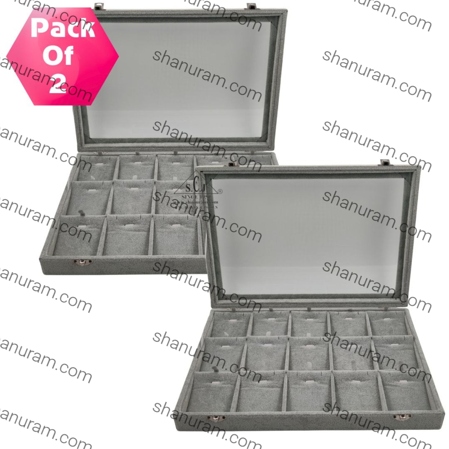 Pack of 2 – 15-Grid Earring & Pendant Jewellery Display Boxes | Transparent Lid | Grey Suede Finish | Jewellery Organizer for Retail & Personal Use