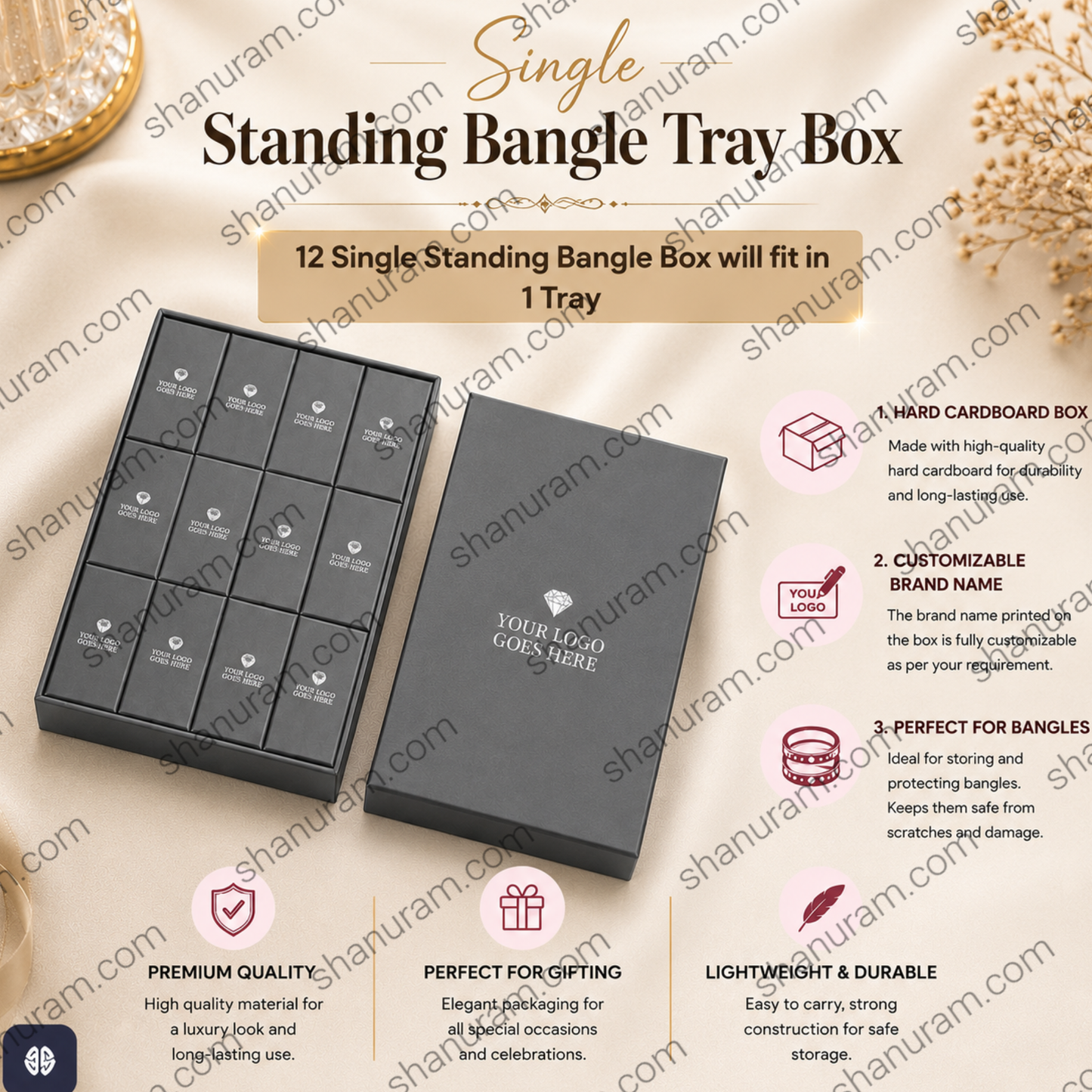 Single Standing Bangle Tray Box | 12 Slot Hard Cardboard Jewelry Storage & Display Tray | Custom Logo Packaging