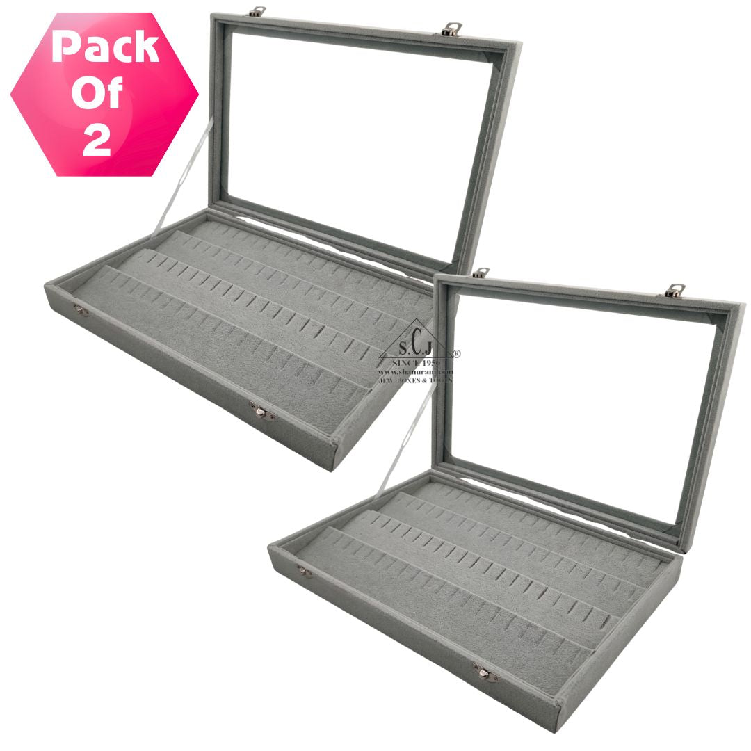Pack of 2 – Earring & Tops Jewellery Display Boxes | Wooden Organizer with Mirror & Suede Finish | Grey | Jewellery Stock Storage for Retail & Personal Use