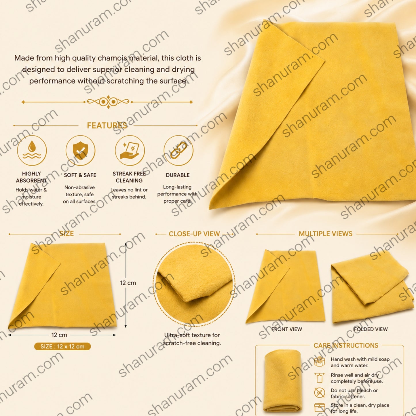 Premium Natural Chamois Leather Cleaning Cloth 12 x 12 cm | Scratch-Free Polishing & Drying Cloth