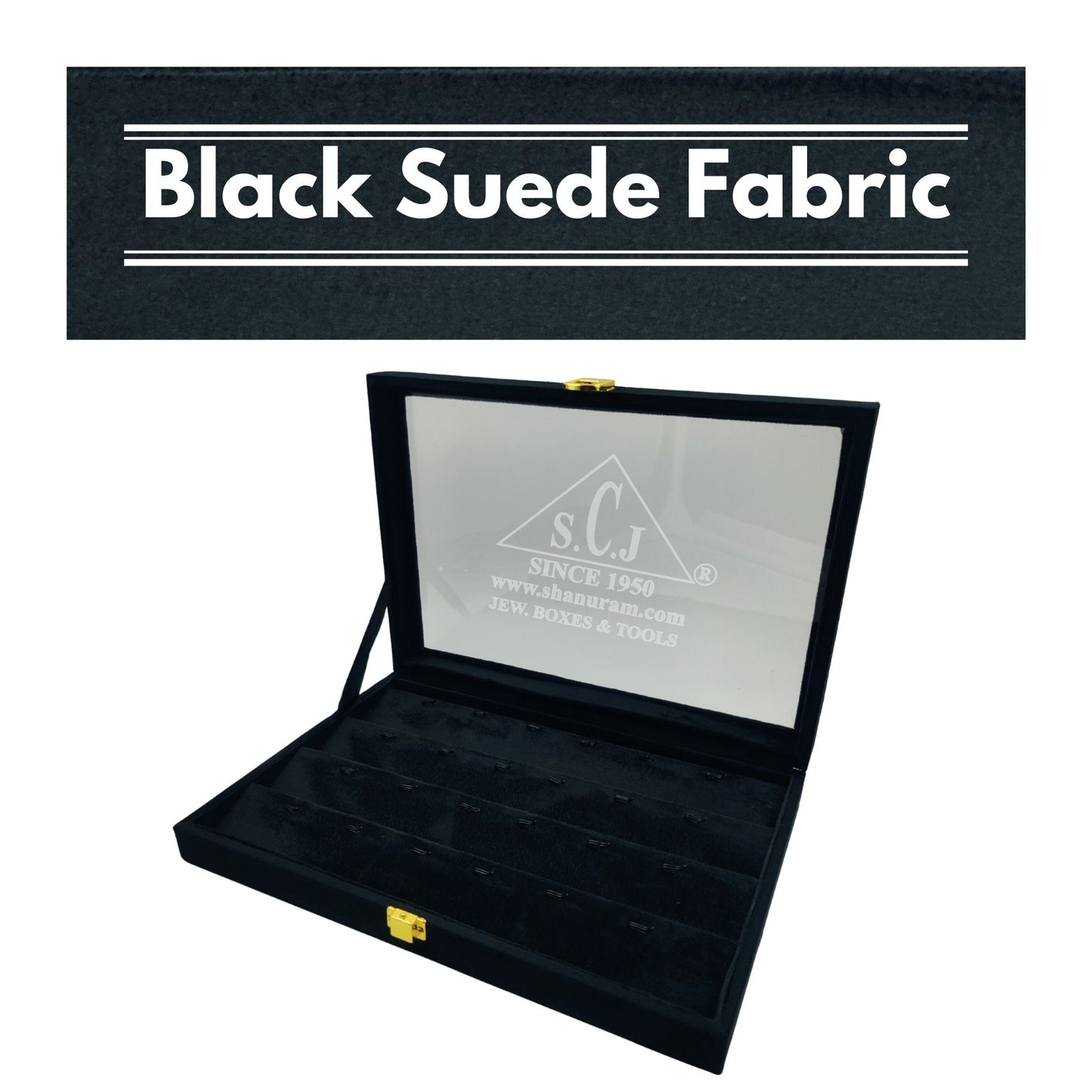 Black Suede Pendant Stock Box with 4 Shelves & 6 Hooks Each – Pack of 2 | Glass Top Jewellery Display Box by SCJ