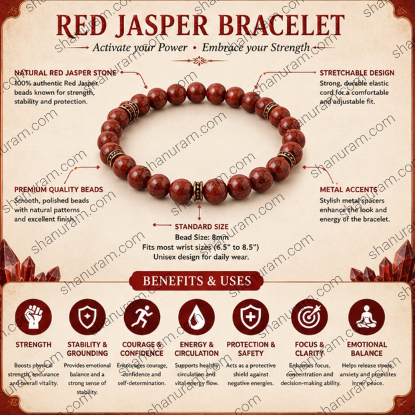 Natural Red Jasper Bracelet – Healing Crystal Beaded Bracelet for Strength, Courage & Protection