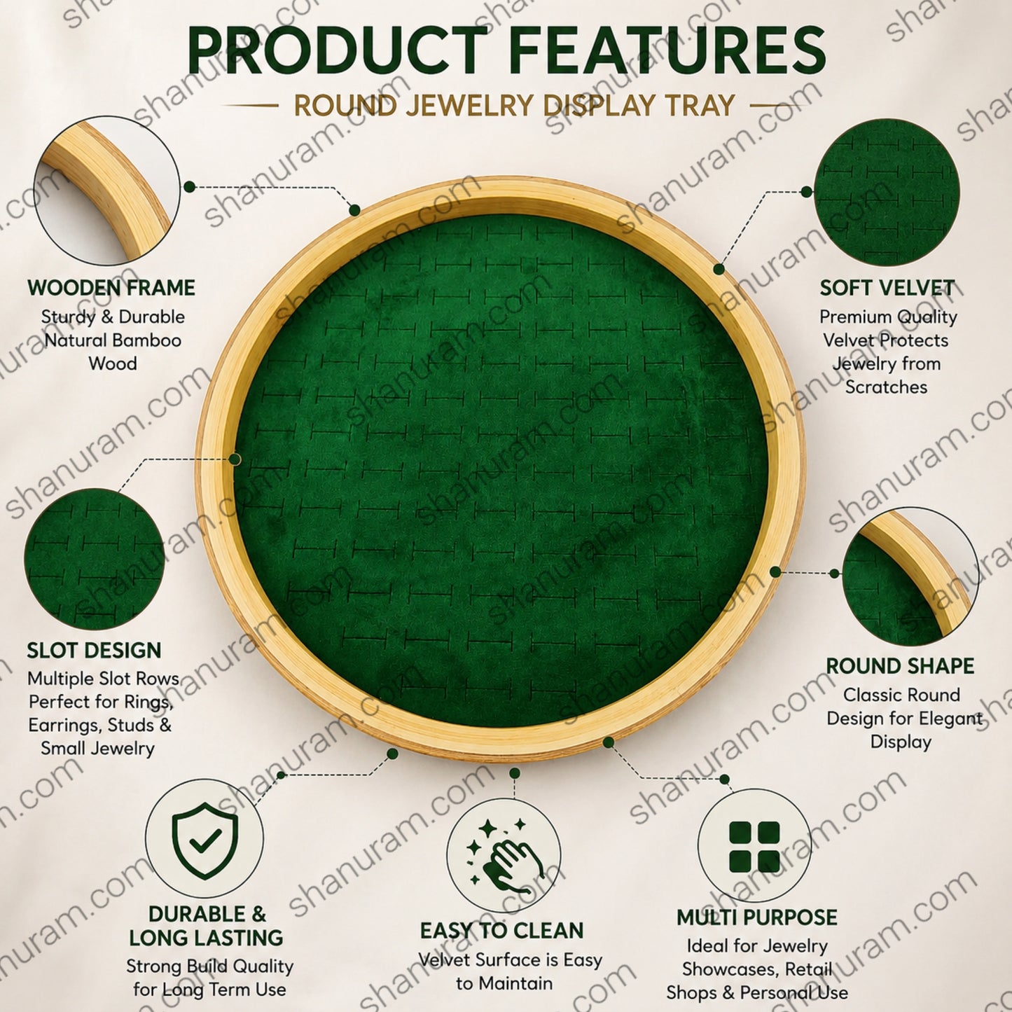 12 Inch Round Wooden Jewelry Display Tray with Soft Velvet Ring & Earring Organizer | Green