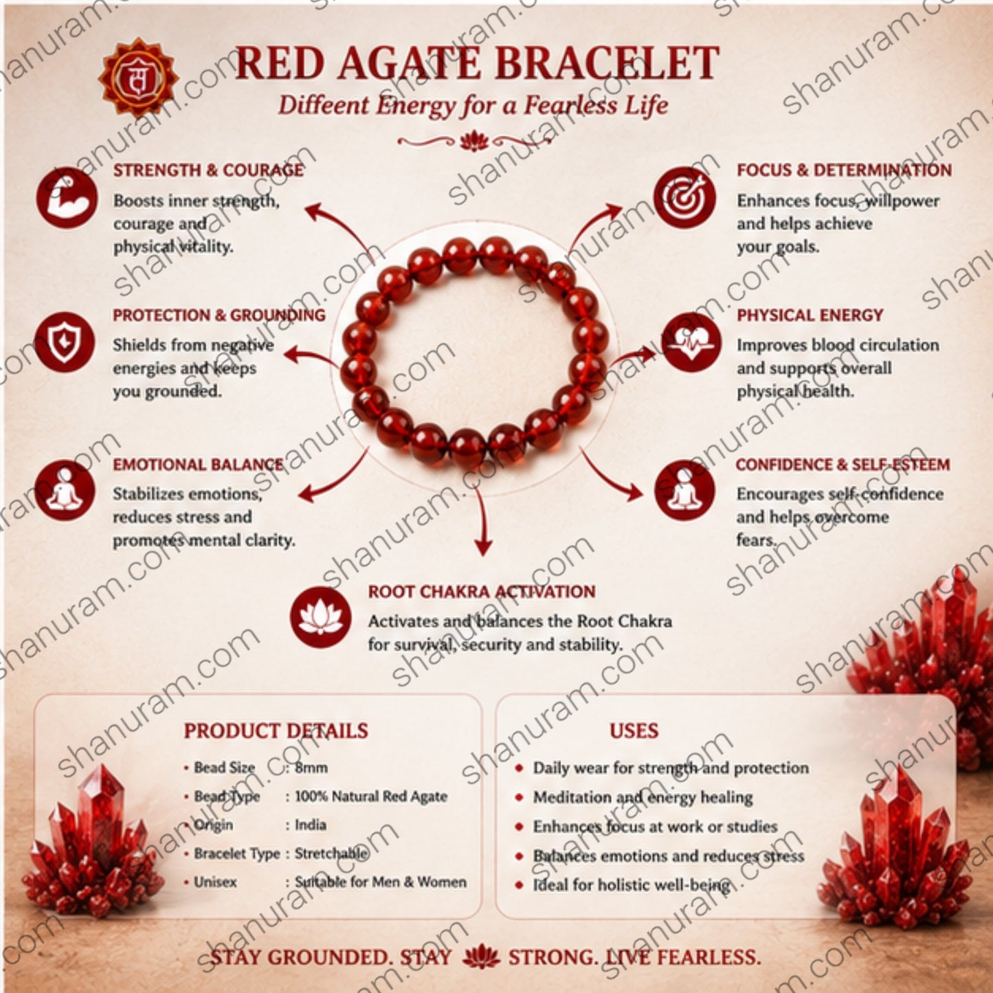 Natural Red Agate Bracelet – Strength, Courage, Protection & Grounding Crystal Beaded Bracelet