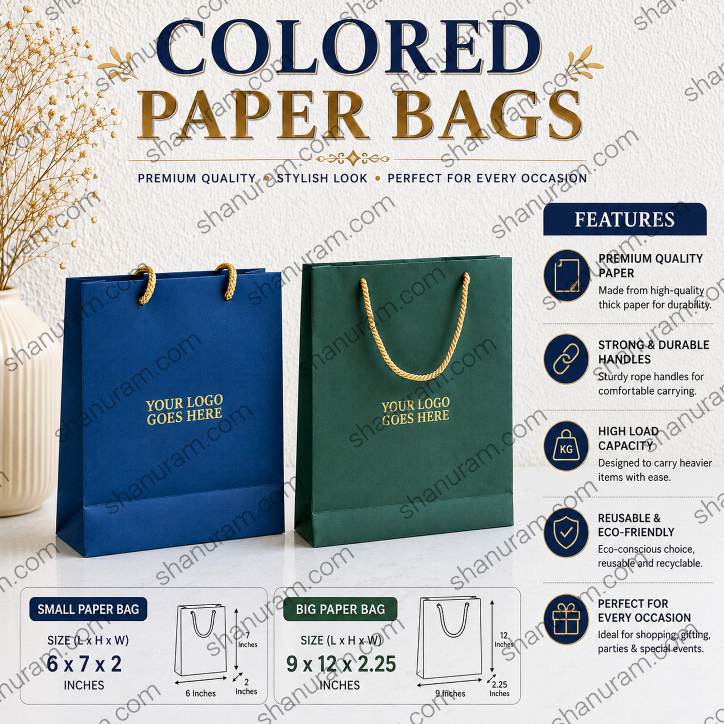 Premium Colored Paper Gift Bags with Rope Handles | Small (6×7×2") & Big (9×12×2.25") | Luxury Paper Carry Bags