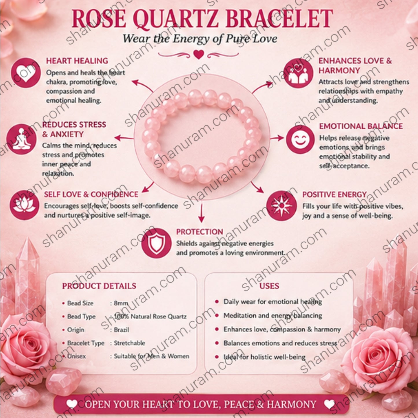 Natural Rose Quartz Bracelet – Love, Emotional Healing & Harmony Crystal Beaded Bracelet for Men & Women