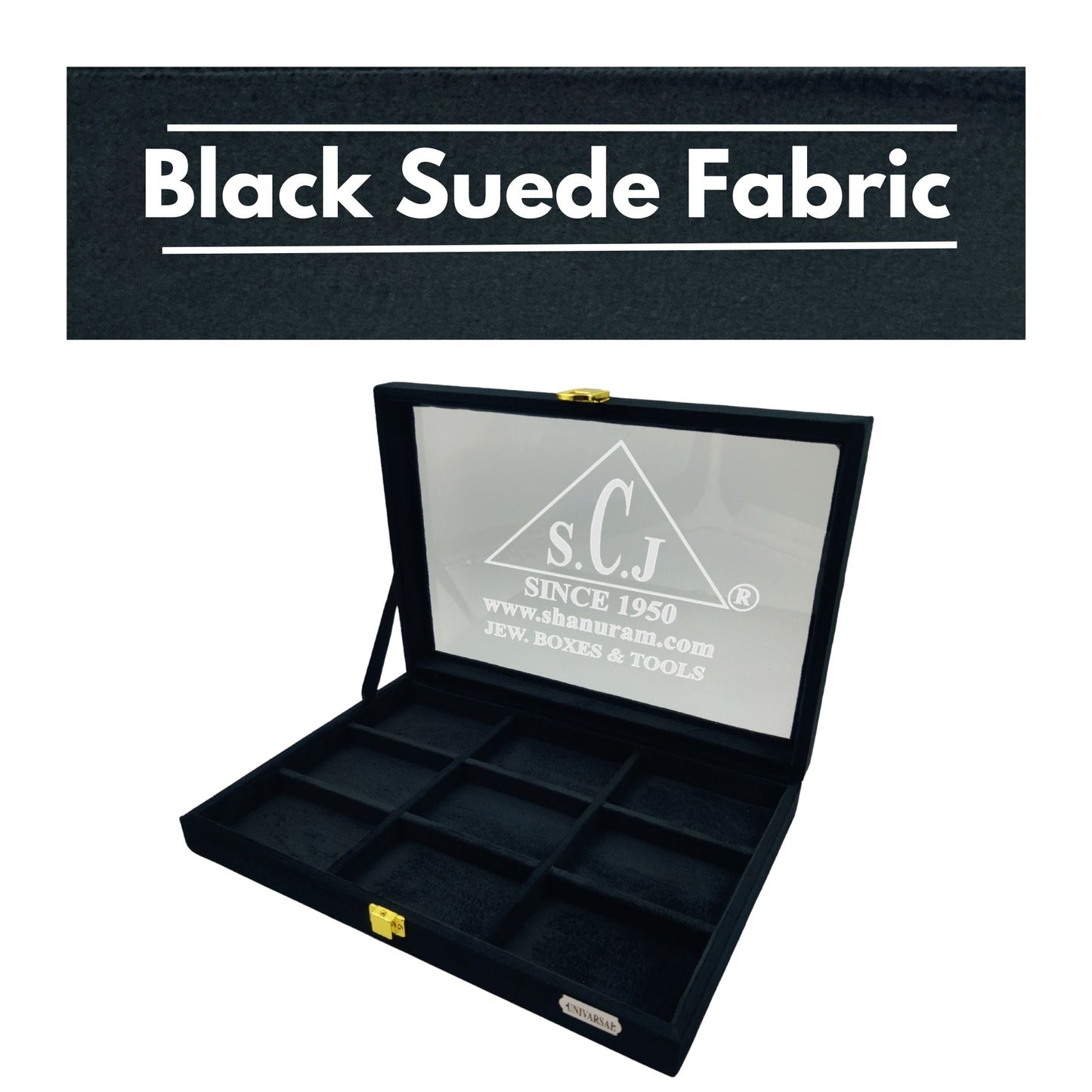 9-Grid Black Suede Universal Stock Display Box – Pack of 2 | Jewellery Storage & Display Box with Glass Top