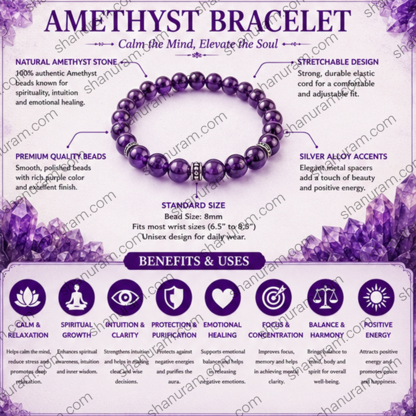 Natural Amethyst Bracelet – Purple Crystal Healing Bracelet for Peace, Intuition & Spiritual Growth