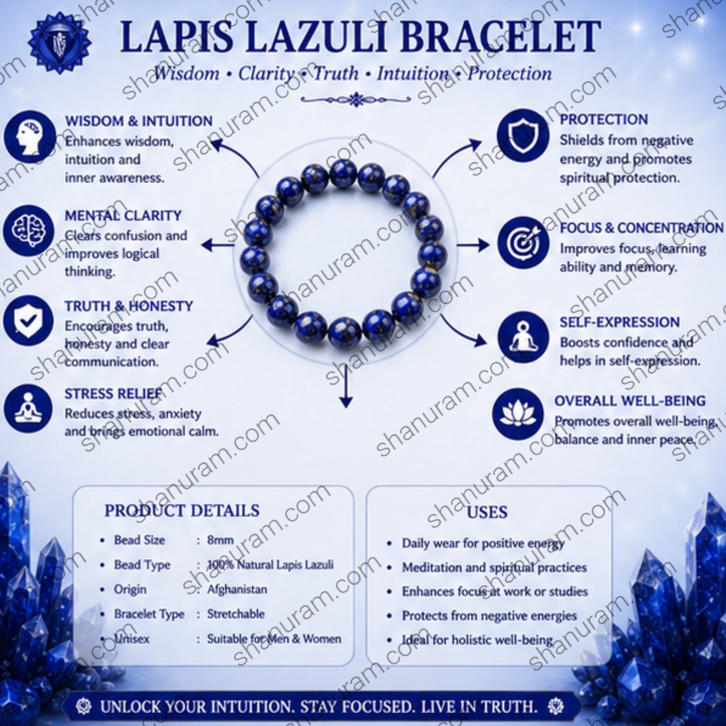 Natural Lapis Lazuli Bracelet – Wisdom, Intuition, Truth & Protection Crystal Beaded Bracelet