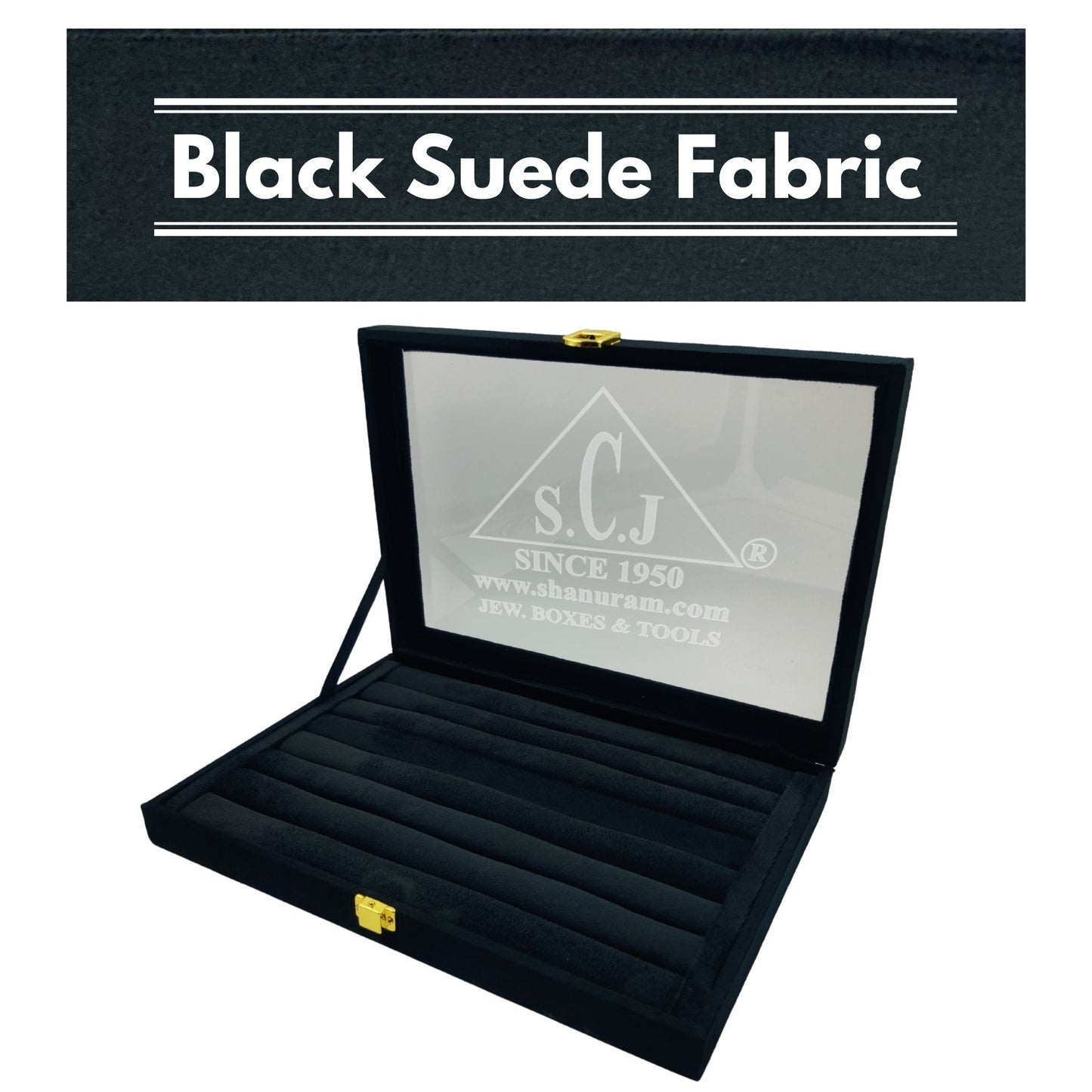 Pack of 2 Black Suede Ring Stock Display Box with Glass Lid | 7 Shelves Jewellery Box