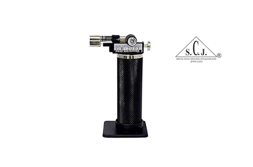 A black pocket hand butane gas micro hot jet flame lighter torch with a silver nozzle and branding on the side.