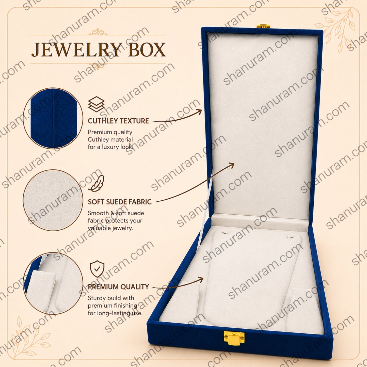 Blue Cuthely Rani Necklace Box with White Suede Interior | Cuthley Texture | 16 × 9 × 2 Inch