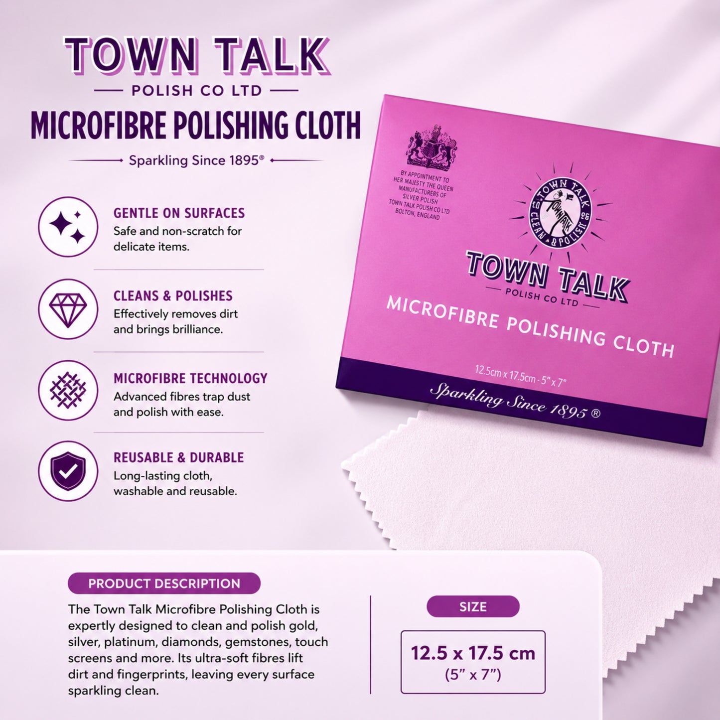Town Talk Microfibre Polishing Cloth | Premium Jewellery Cleaning Cloth | 12.5 x 17.5 cm