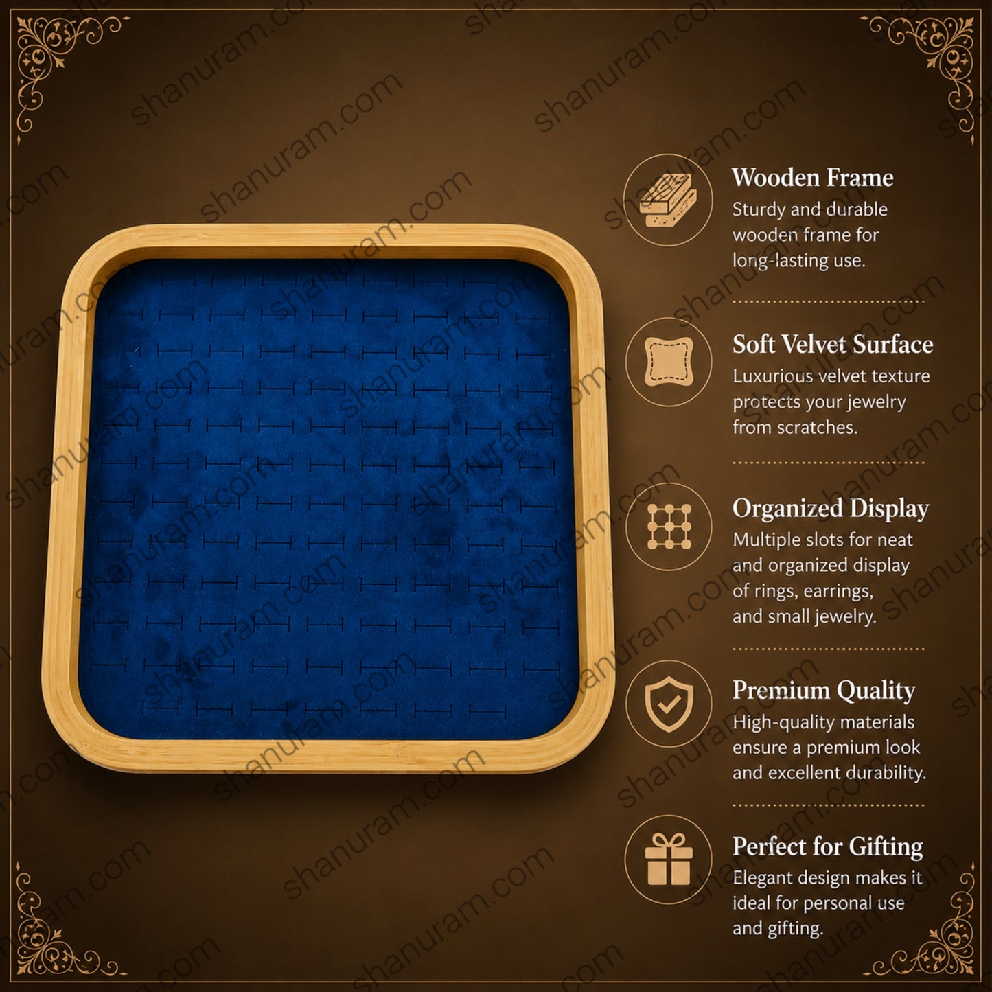 12 x 12 Inch Wooden Velvet Jewelry Display Tray | Premium Ring, Earring & Pendant Organizer Display