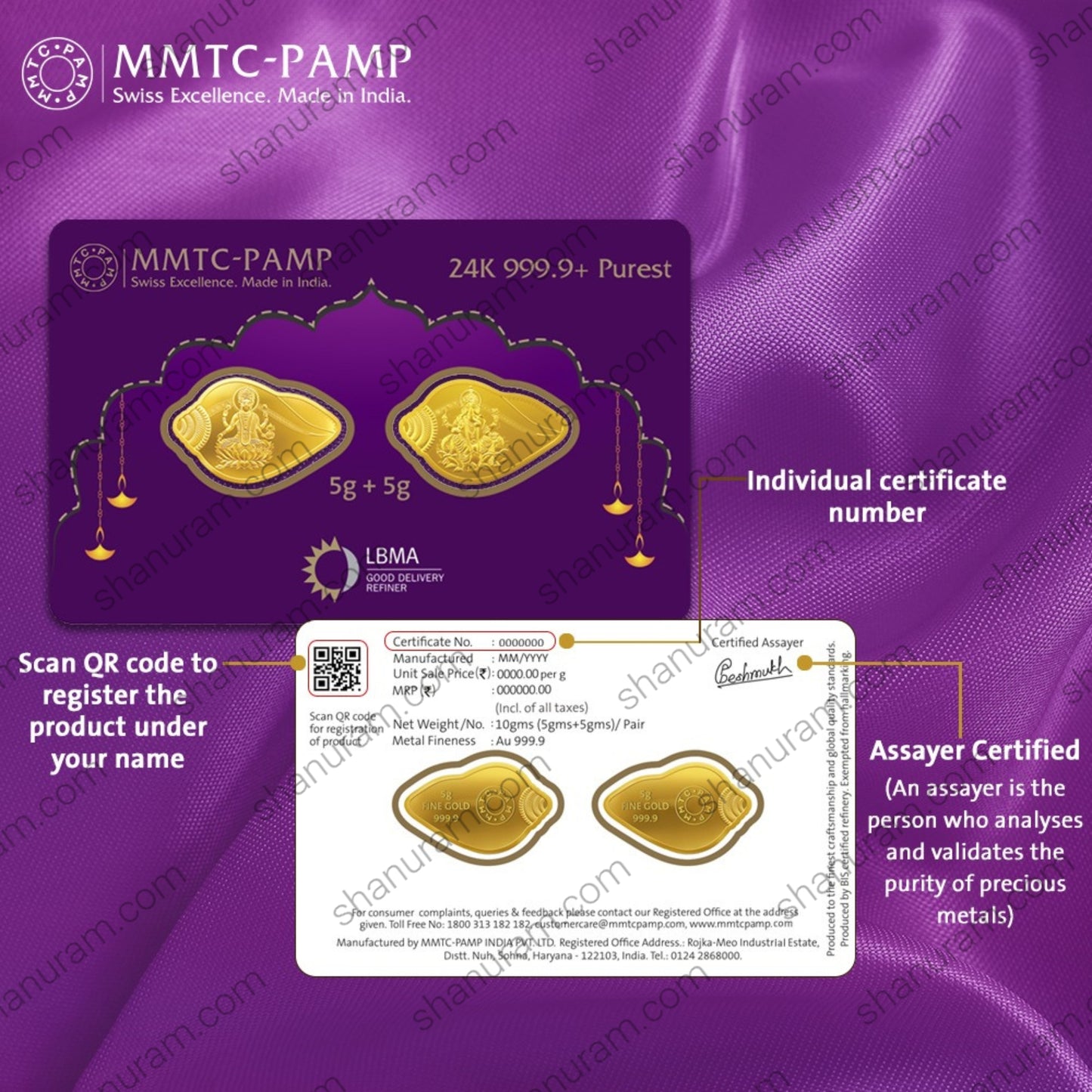 MMTC-PAMP 10g (5g+5g) 24K 999.9+ Pure Gold Coin Pair – Lakshmi & Ganesha Shankh Design