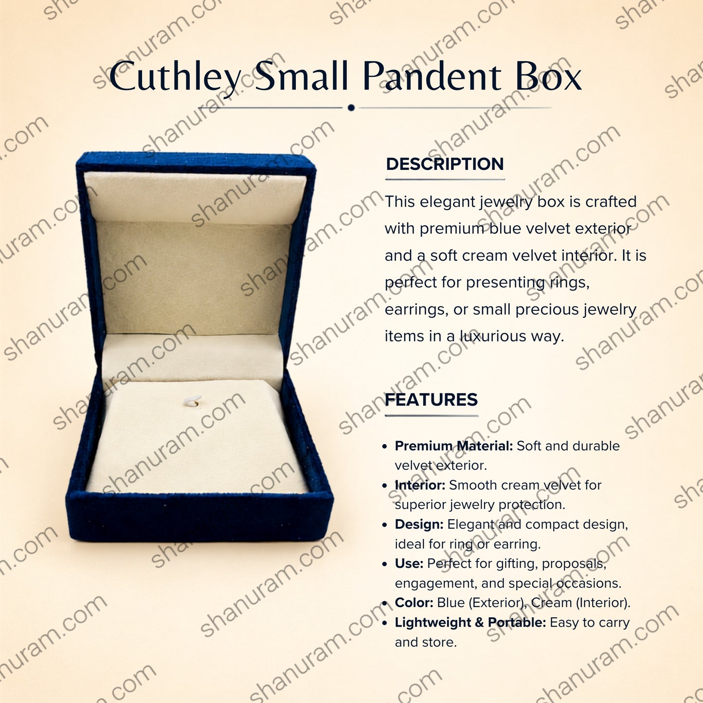 Cuthely Small Pendant Jewelry Box | Premium Blue Velvet Gift Box with Soft White Suede Interior | 4 x 4 x 2 Inch