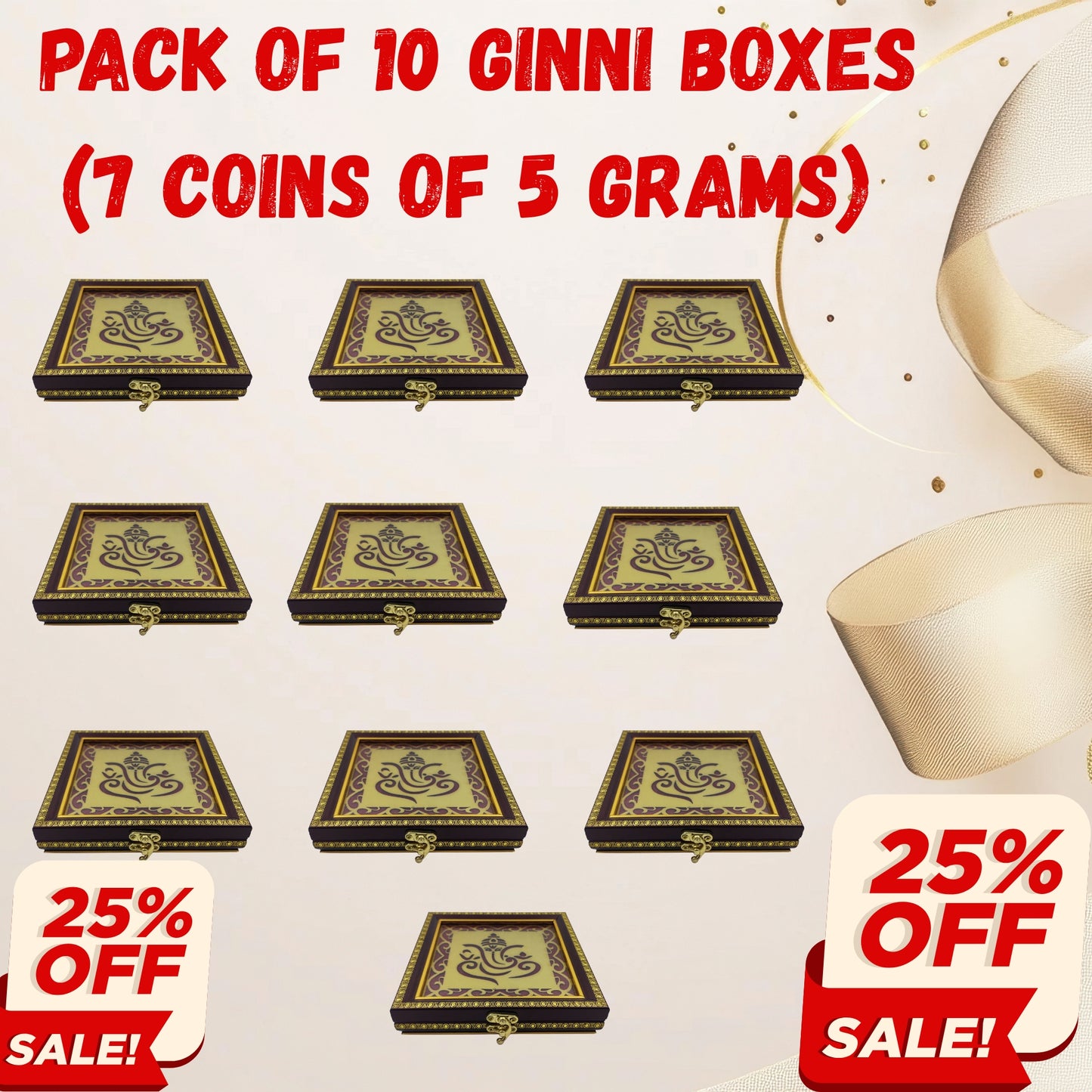 Premium 5g Red Wooden 7-Coin Square Box (Pack of 10) | Elegant Ginni Gift Box for 5g Silver & Gold Coins (Sikka)