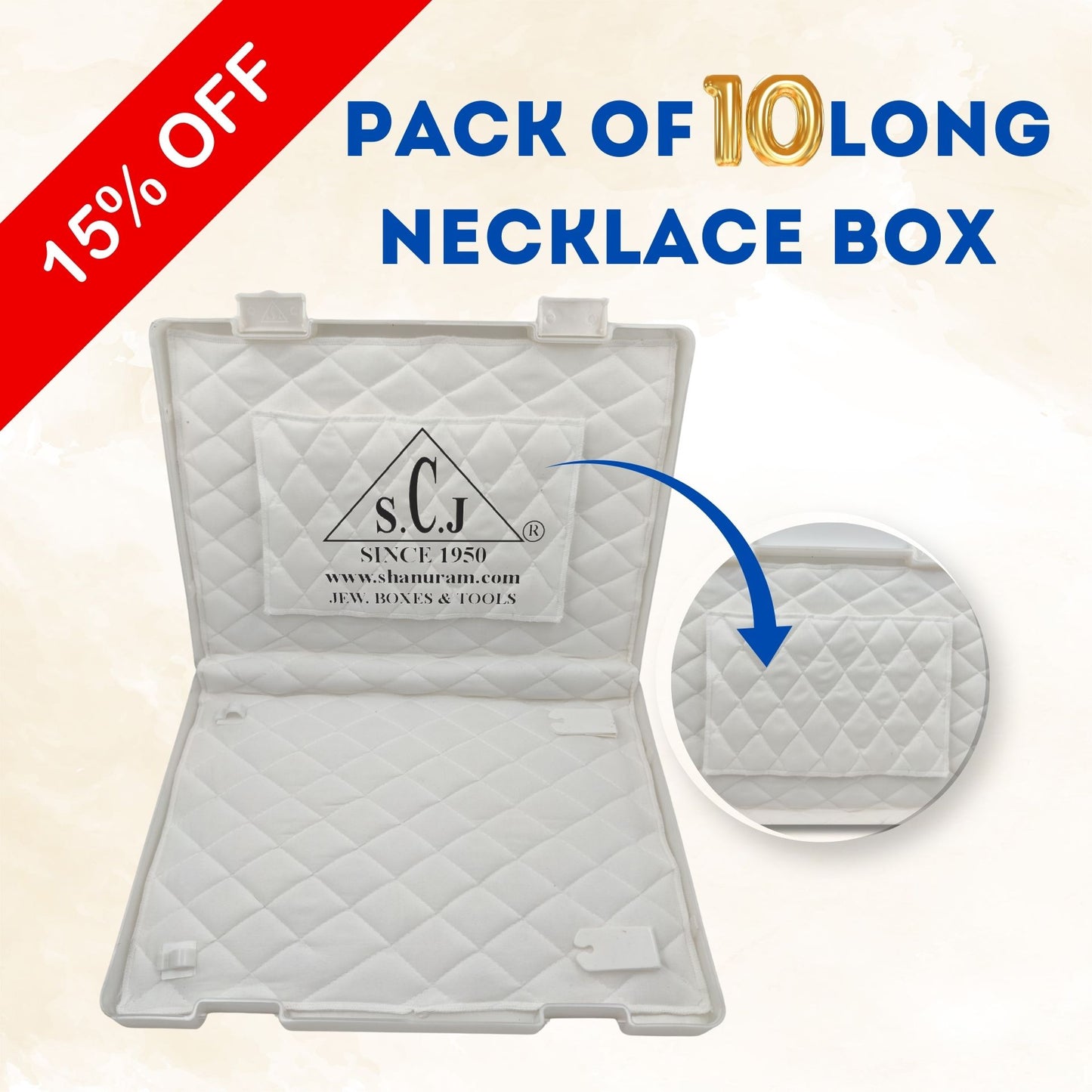 SCJ Long Necklace Box with Extra Height – Off-White Plastic Jewelry Storage with White Cloth Lining & Pocket (Pack of 10)