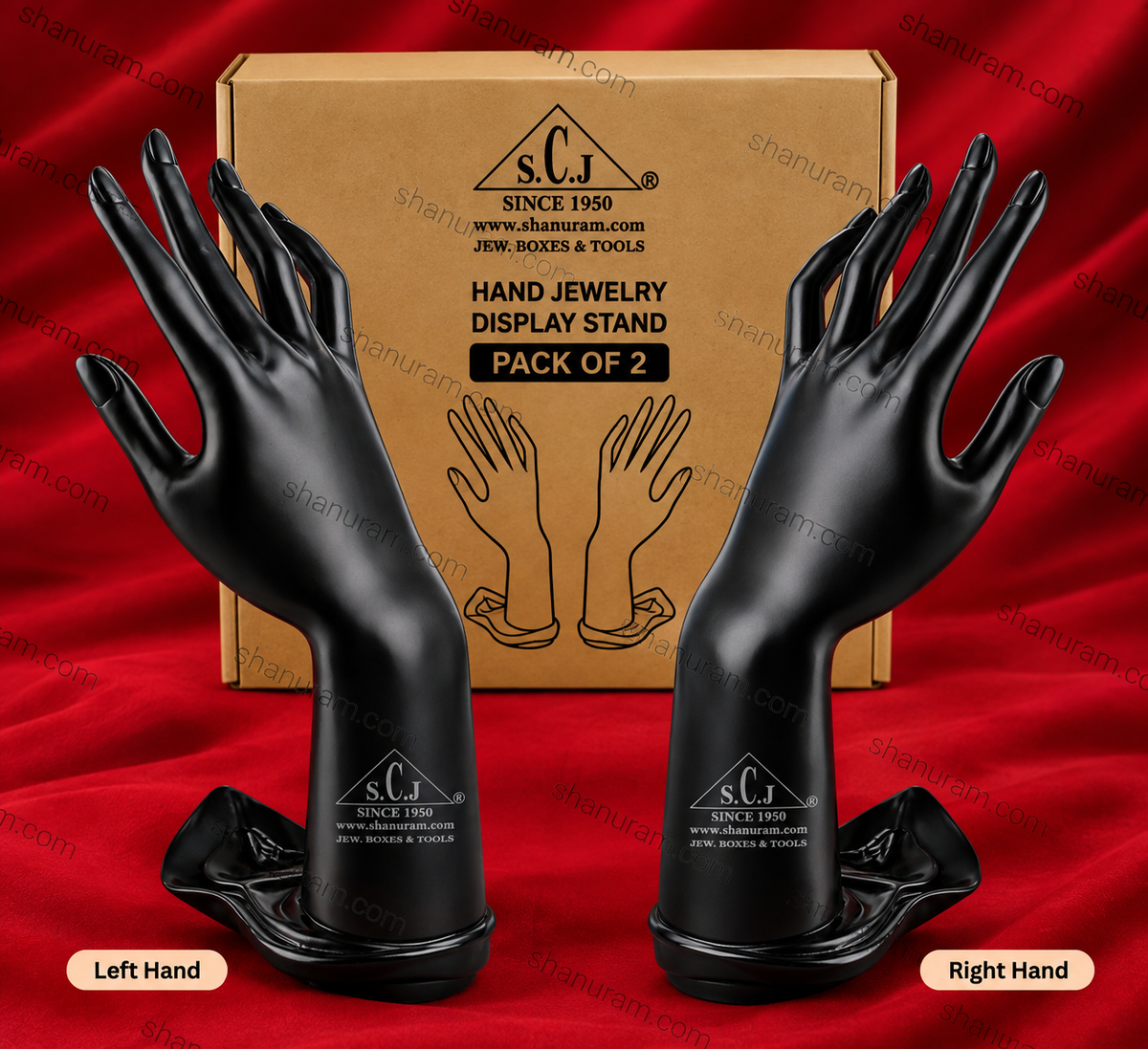 SCJ Hand Finger Jewellery Display Stand Holder for Rings, Bracelets & Chains – Black | Pack of 2 (Left & Right Hand)
