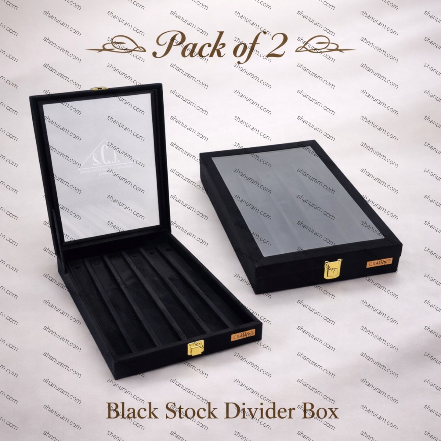 Pack of 2 Black Suede Chain Jewellery Stock Display Box with Glass Top | Premium Chain Storage Case by SCJ