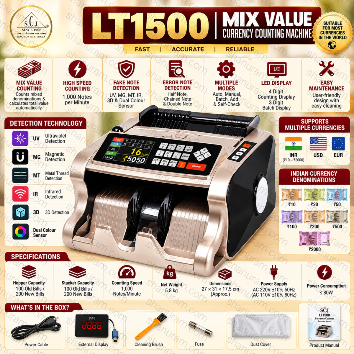 SCJ LT1500 Mix Value Currency Counting Machine with Fake Note Detection | UV, MG & IR | Heavy Duty Indian Currency Value Counter Machine with Fake Note Detection – Supports Mixed Denominations (₹10 to ₹2000)
