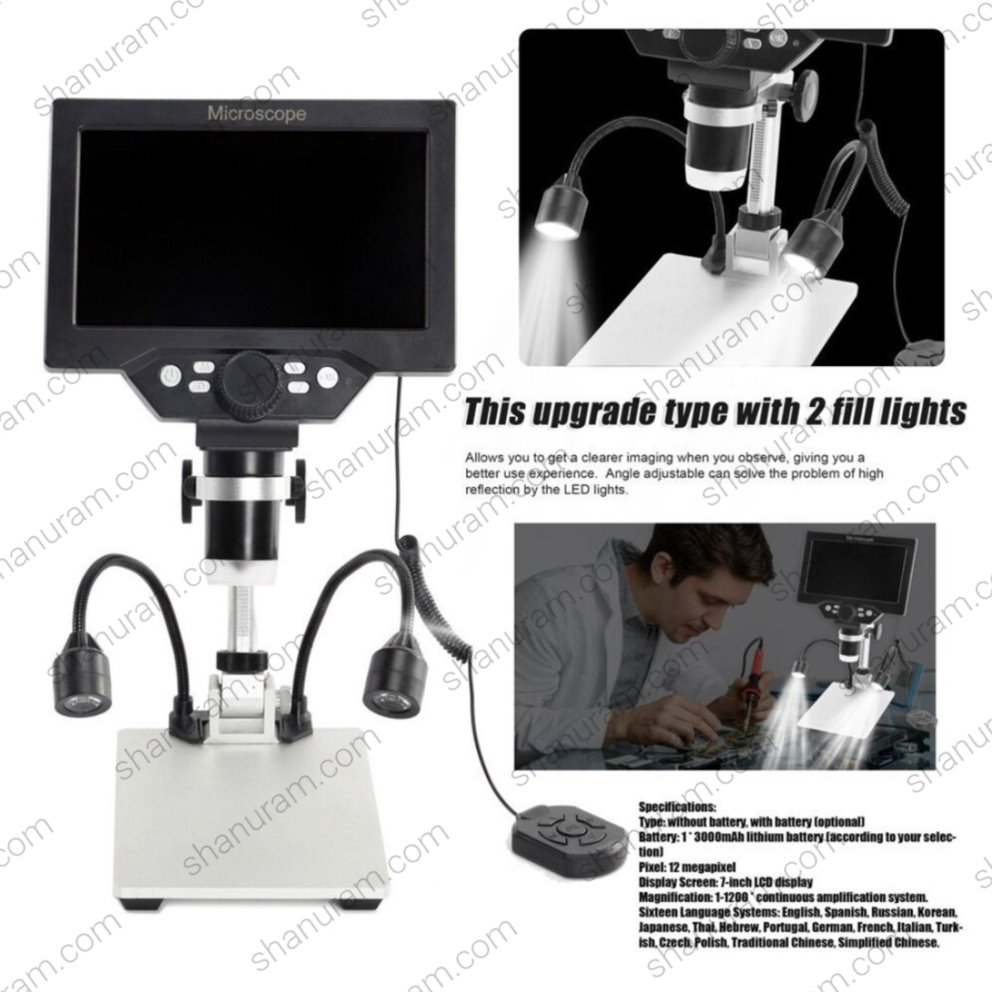 B1200 Digital Microscope 1–1200X with 7-Inch HD Display & Metal Stand