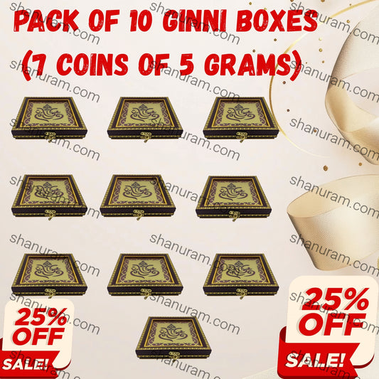 Premium 5g Red Wooden 7-Coin Square Box (Pack of 10) | Elegant Ginni Gift Box for 5g Silver & Gold Coins (Sikka)