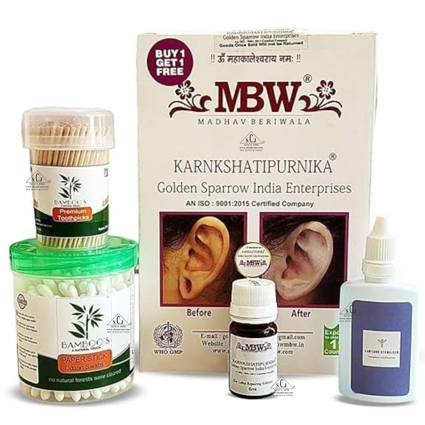 Collection of health and wellness products including toothpaste, earwax removal kit, and bottles with labels on a white background.