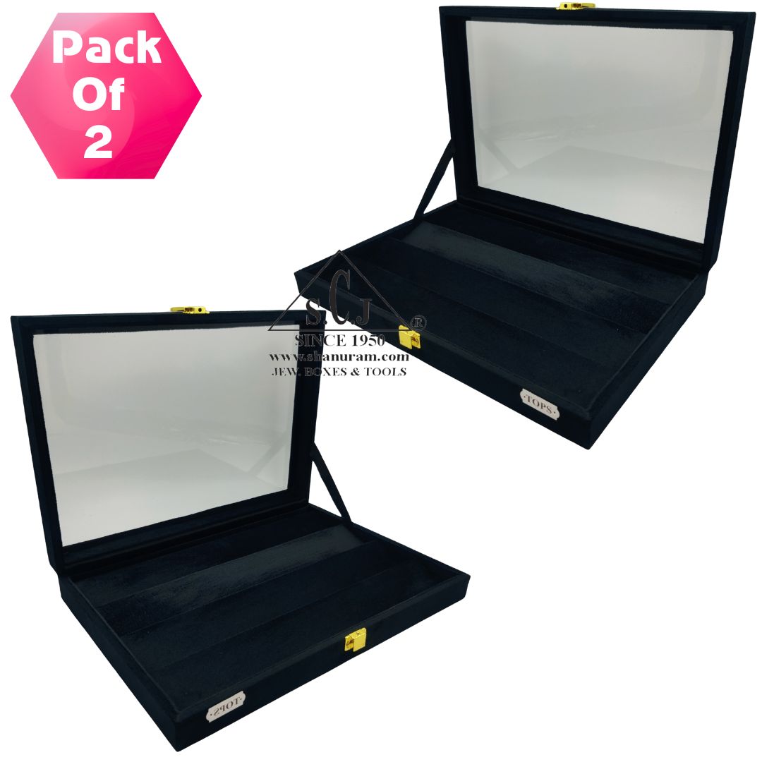 Pack of 2 - Black Suede Earrings & Tops Display Box | 4 Shelf Jewelry Organizer with Glass Top