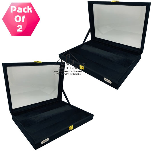 Pack of 2 - Black Suede Earrings & Tops Display Box | 4 Shelf Jewelry Organizer with Glass Top