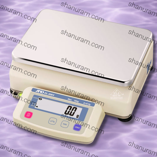 A&D ES-30KV Silver Brick Weighing Scale – 36kg Capacity, 0.2g Accuracy, Moonlight LCD, RS-232 Interface