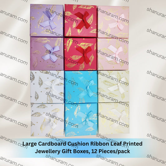 Large Cardboard Cushion Ribbon Leaf Printed Jewellery Gift Boxes, 12 Pieces/pack