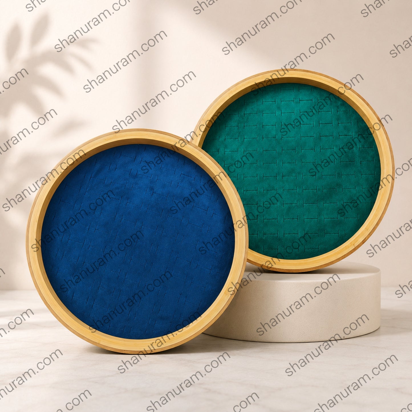 12 Inch Round Wooden Jewelry Display Tray with Soft Velvet Ring & Earring Organizer | Green
