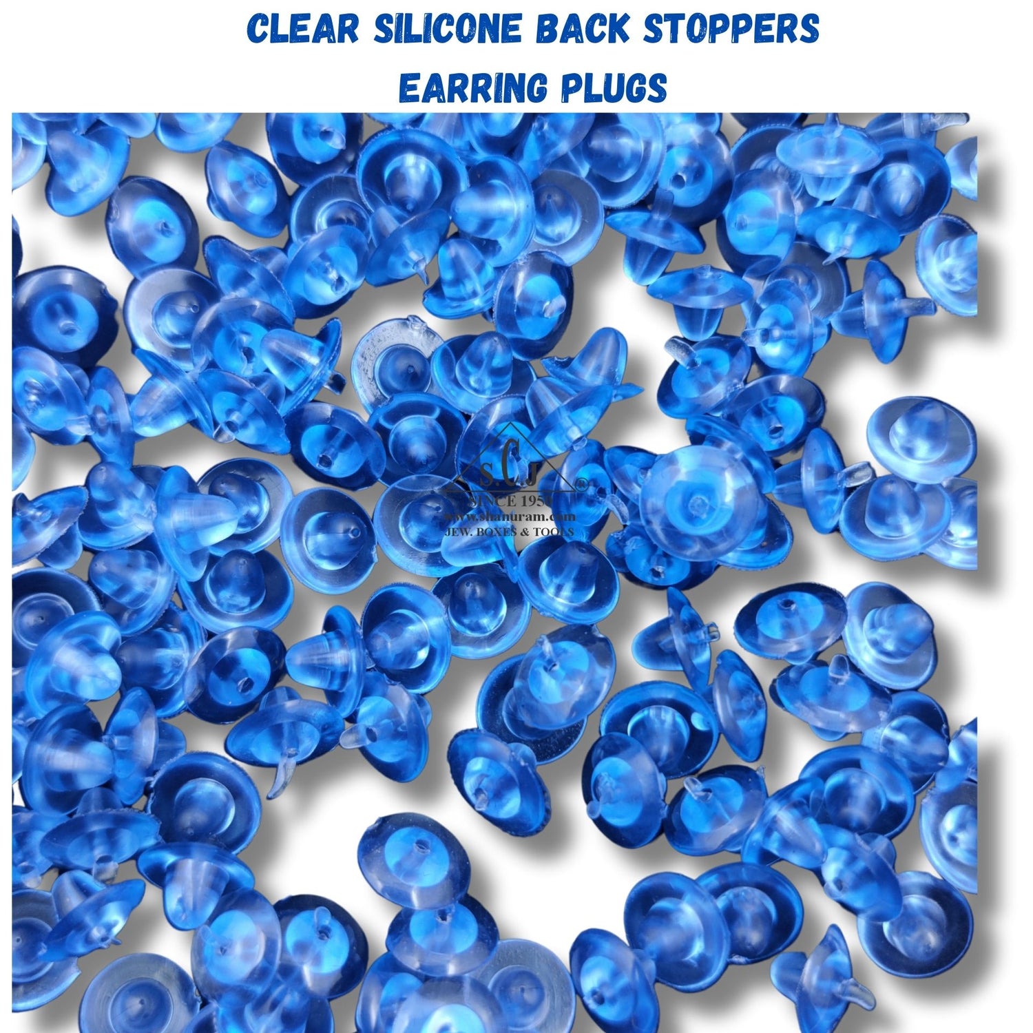 A collection of clear silicone earring back stoppers, also known as earring plugs, displayed on a transparent background.