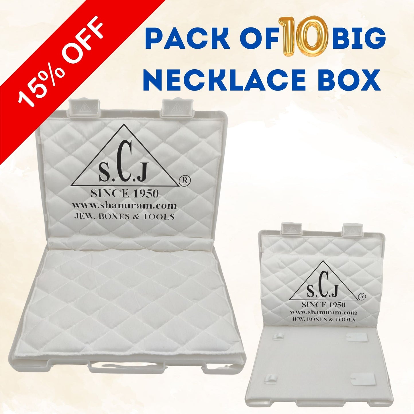 SCJ Big Necklace Box – Durable Off-White Plastic Jewelry Storage with White Cloth Lining (Pack of 10)