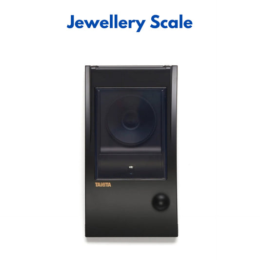 Black jewellery scale with 'Tanita' branding on a white background