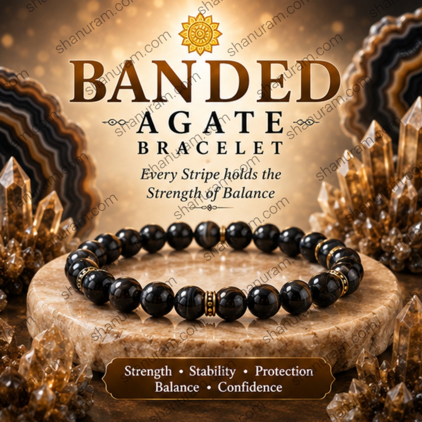 Natural Banded Agate Bracelet – Black Agate Stone Bracelet for Strength, Balance & Protection