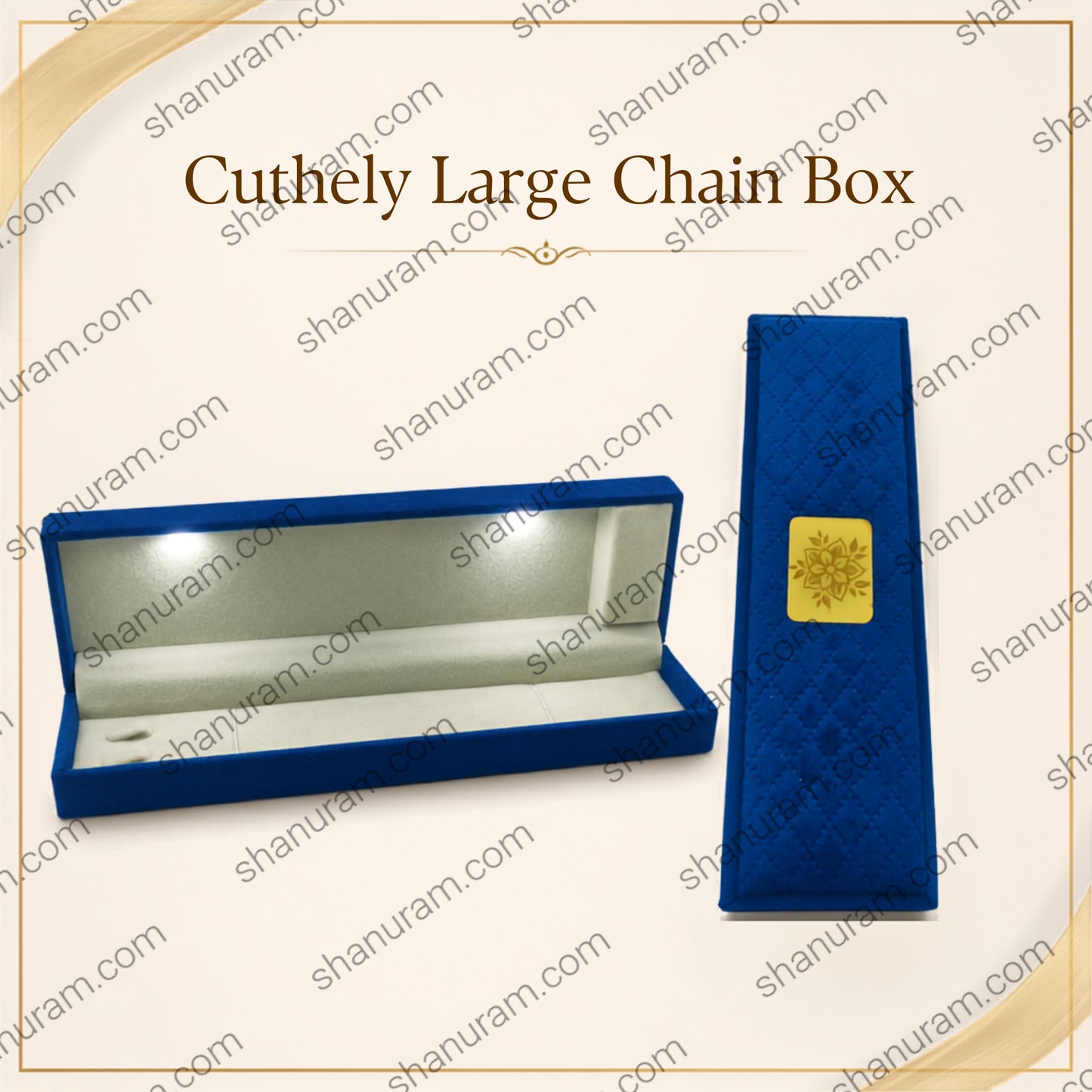 Blue Cuthely Large LED Chain Jewelry Box | Premium Blue Velvet Necklace Gift Box with White Suede Interior | 9 x 2.5 x 1.5 Inch