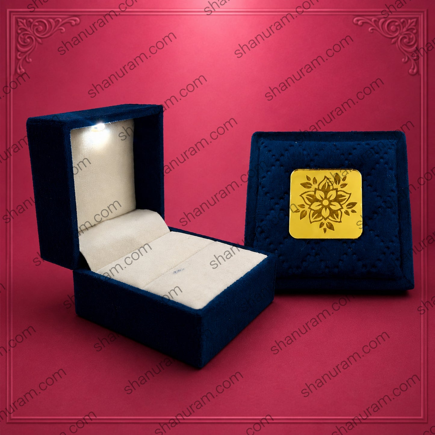 Premium Blue Velvet Ring Box with LED Light | Cuthley Texture Jewelry Gift Box | 3 x 3 x 2 Inch