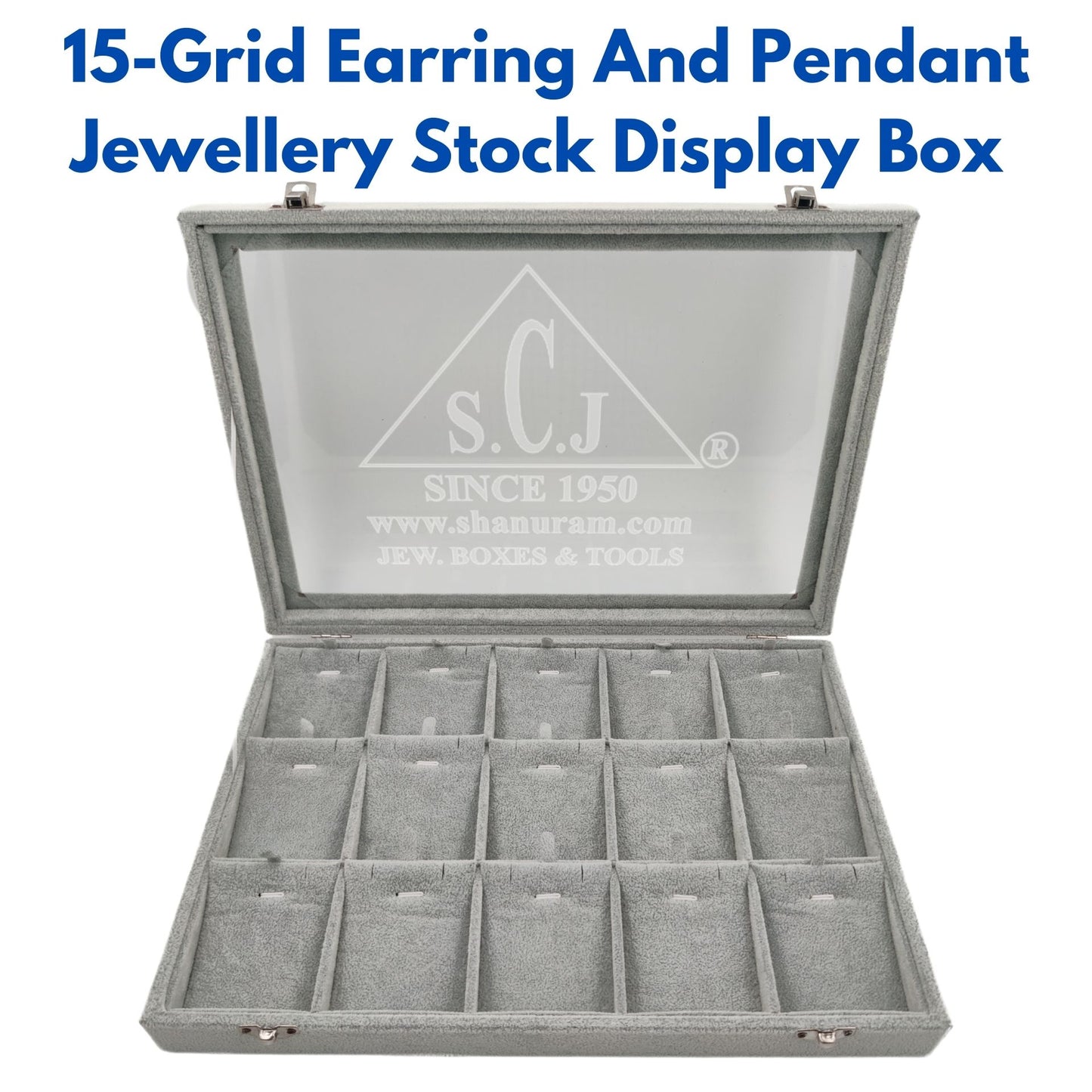 15-Grid Earring And Pendant Jewellery Display Stock Box | Grey Suede Pendant Stock Display Box