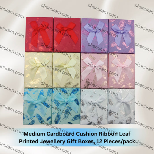 Medium Cardboard Cushion Ribbon Leaf Printed Jewellery Gift Boxes, 12 Pieces/pack