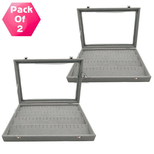 Pack of 2 – Earring & Tops Jewellery Display Boxes | Wooden Organizer with Mirror & Suede Finish | Grey | Jewellery Stock Storage for Retail & Personal Use