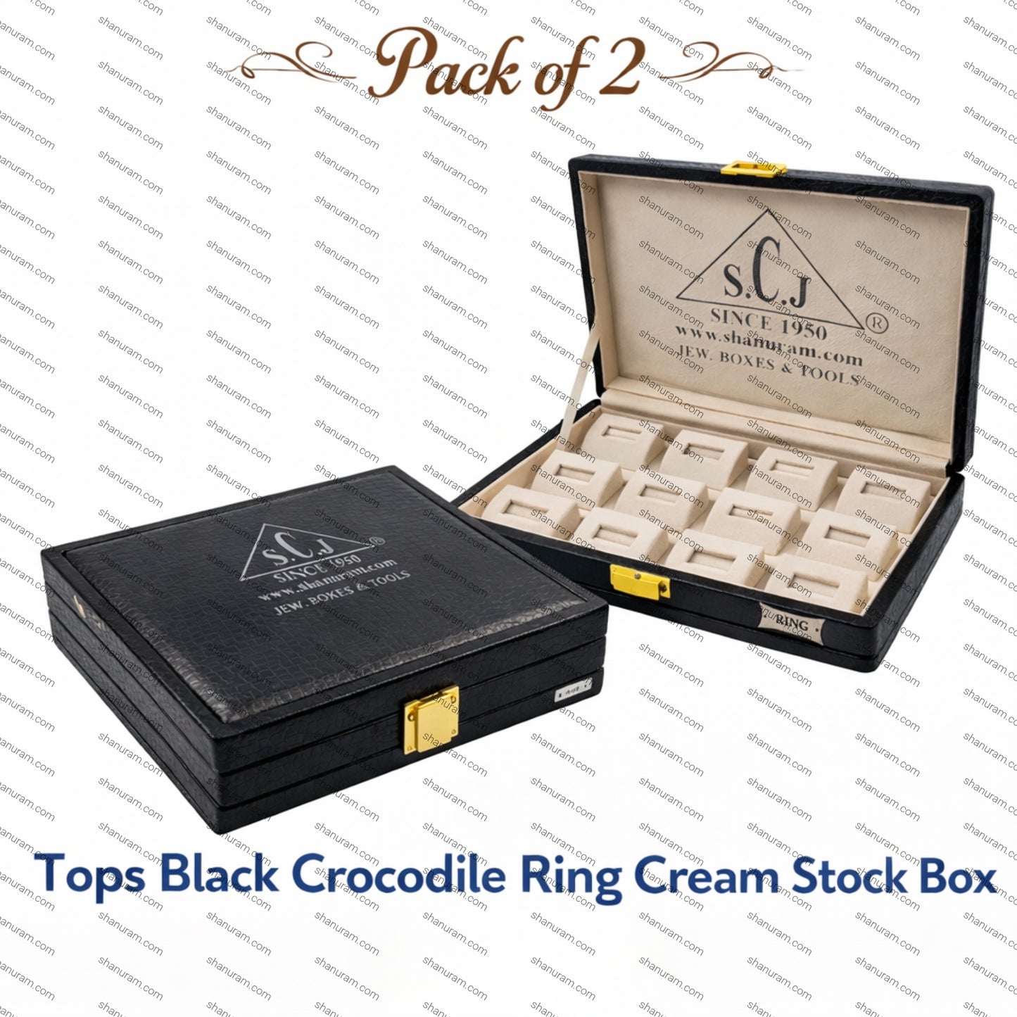 Pack of 2 Black Crocodile Ring Cream Stock Box | Premium Ring Storage & Display Box